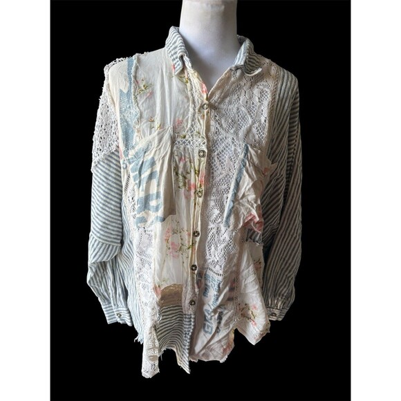 Urban Outfitters Patchwork Boho Batwing Relaxed Button Down Lace Floral Stripe M - Picture 1 of 13